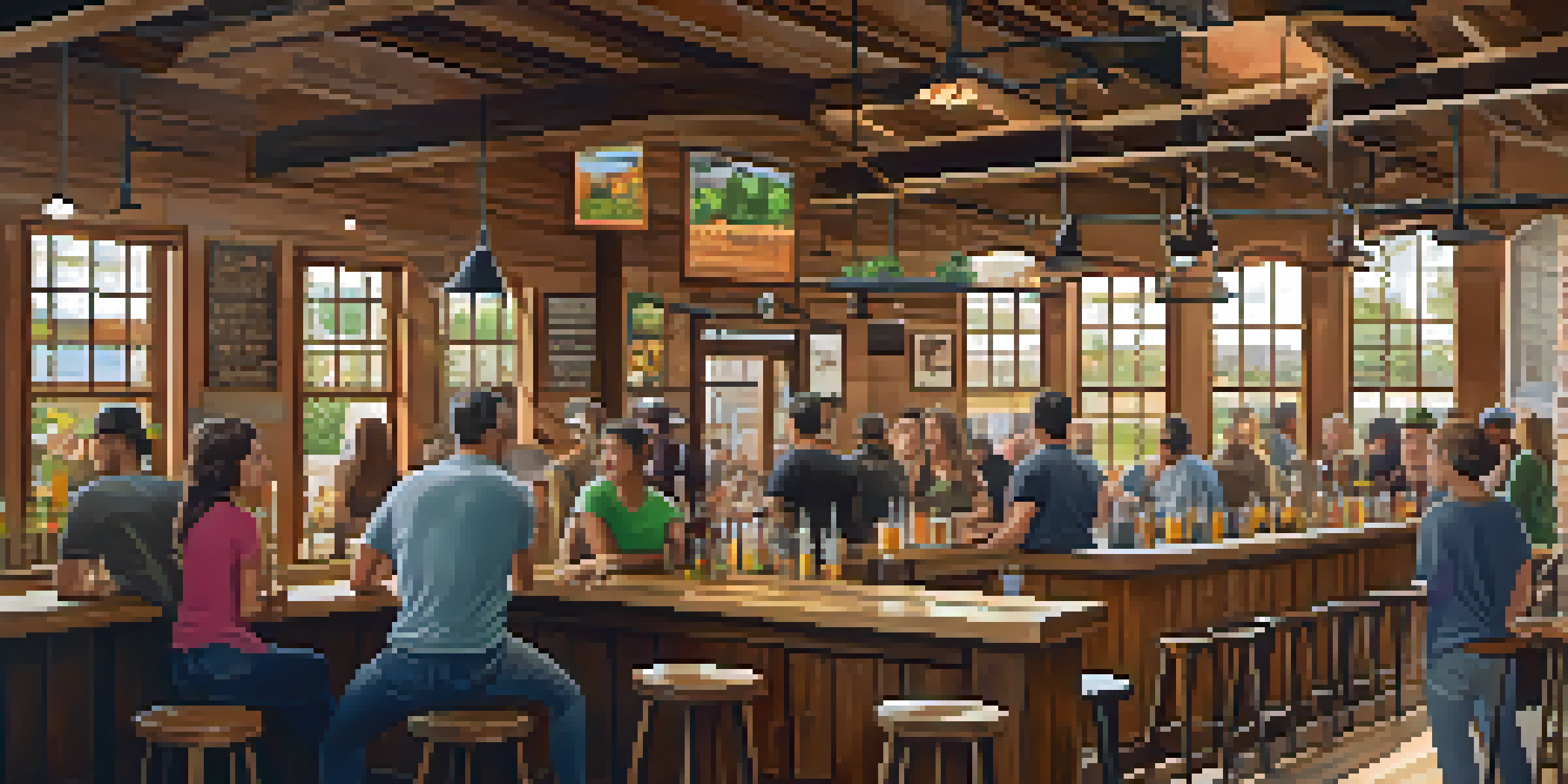 A lively taproom in a California craft brewery, with patrons enjoying drinks and local artwork on the walls.