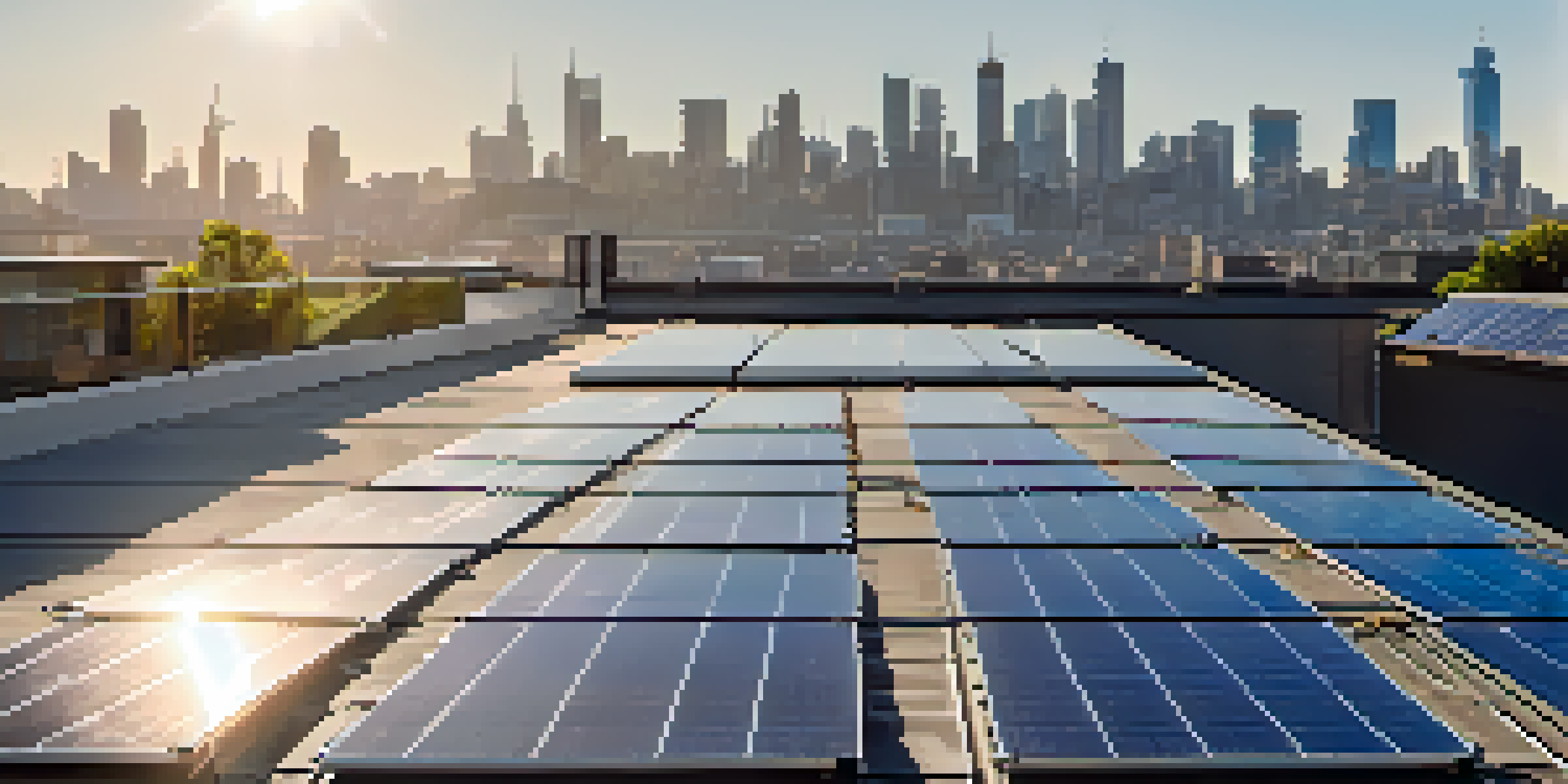 Close-up of solar panels on a rooftop with a modern city skyline in the background under a clear blue sky.