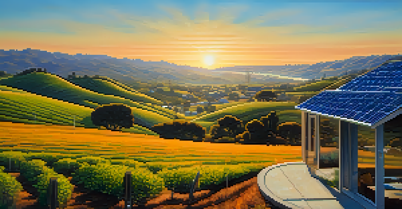 A California landscape featuring solar panels in the foreground with rolling hills and a vibrant sunset in the background.