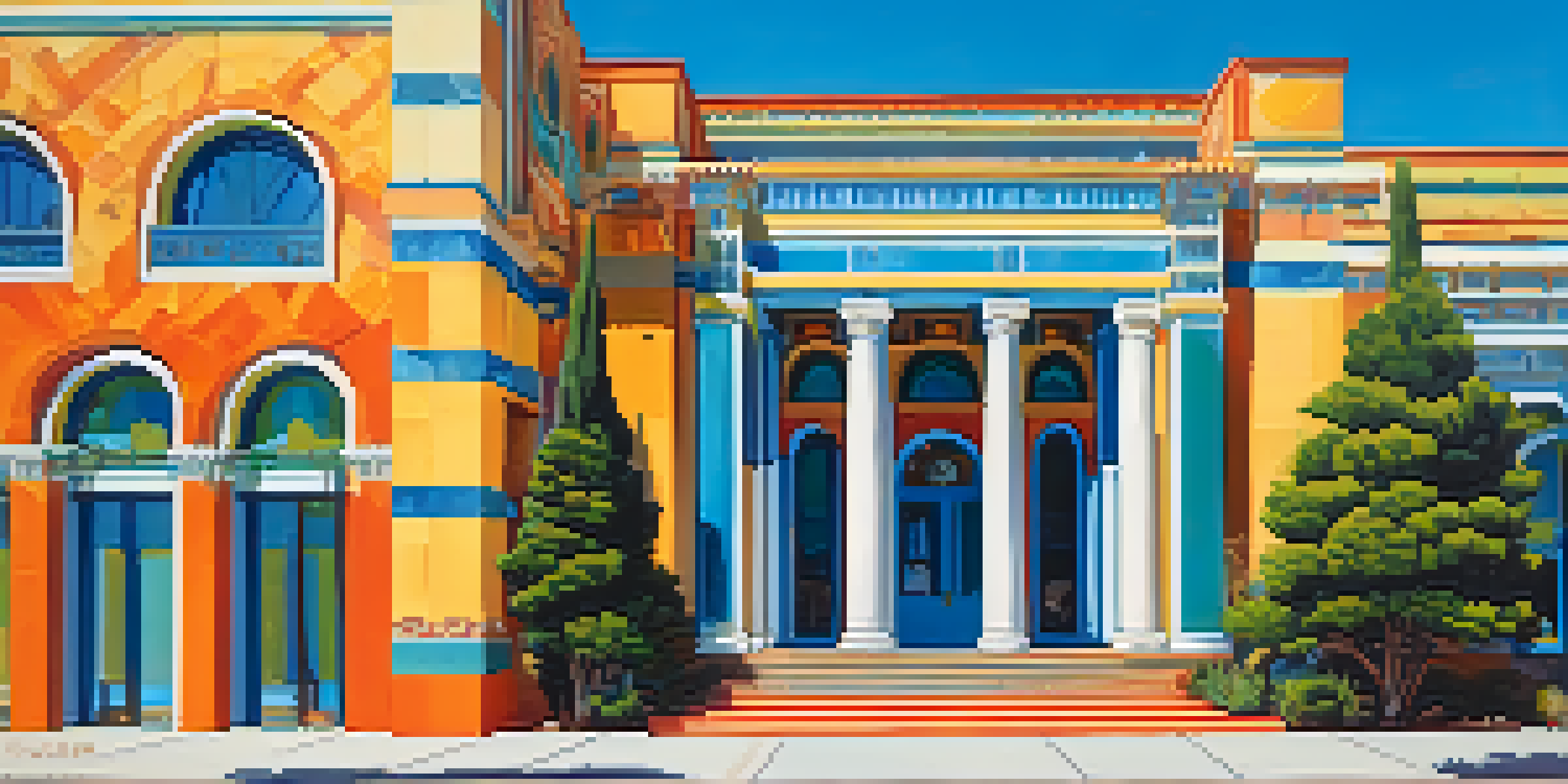 A colorful postmodern building in California with classical columns and tile work under a blue sky, surrounded by greenery.