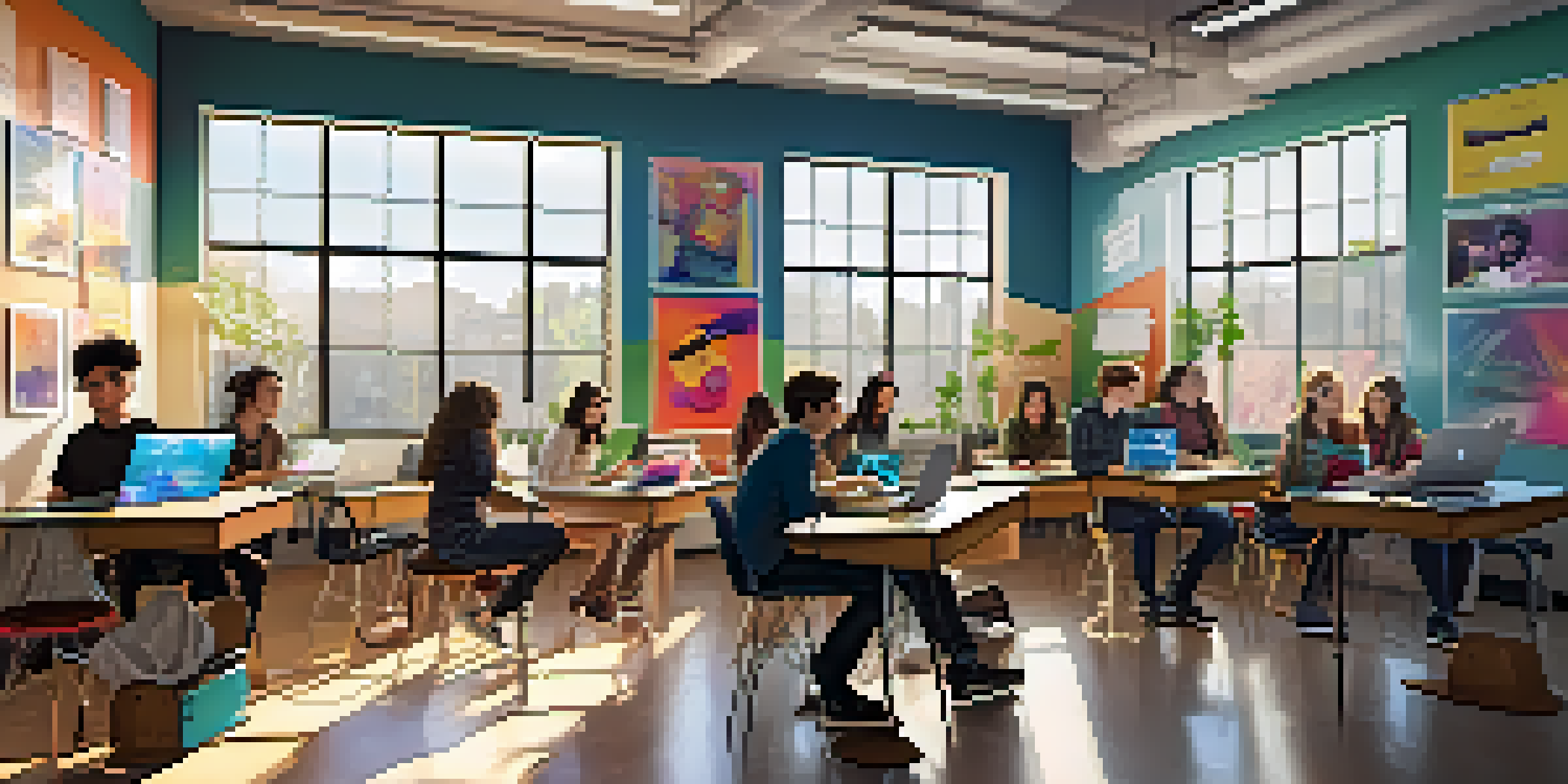 A vibrant music classroom with students using laptops and digital tools, engaged in collaborative projects.