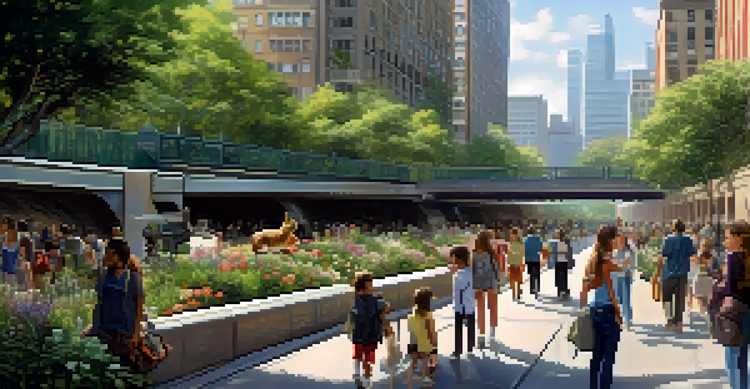 An urban scene showing a wildlife corridor tunnel with plants, allowing small mammals to cross beneath a busy street, surrounded by modern buildings and a park.