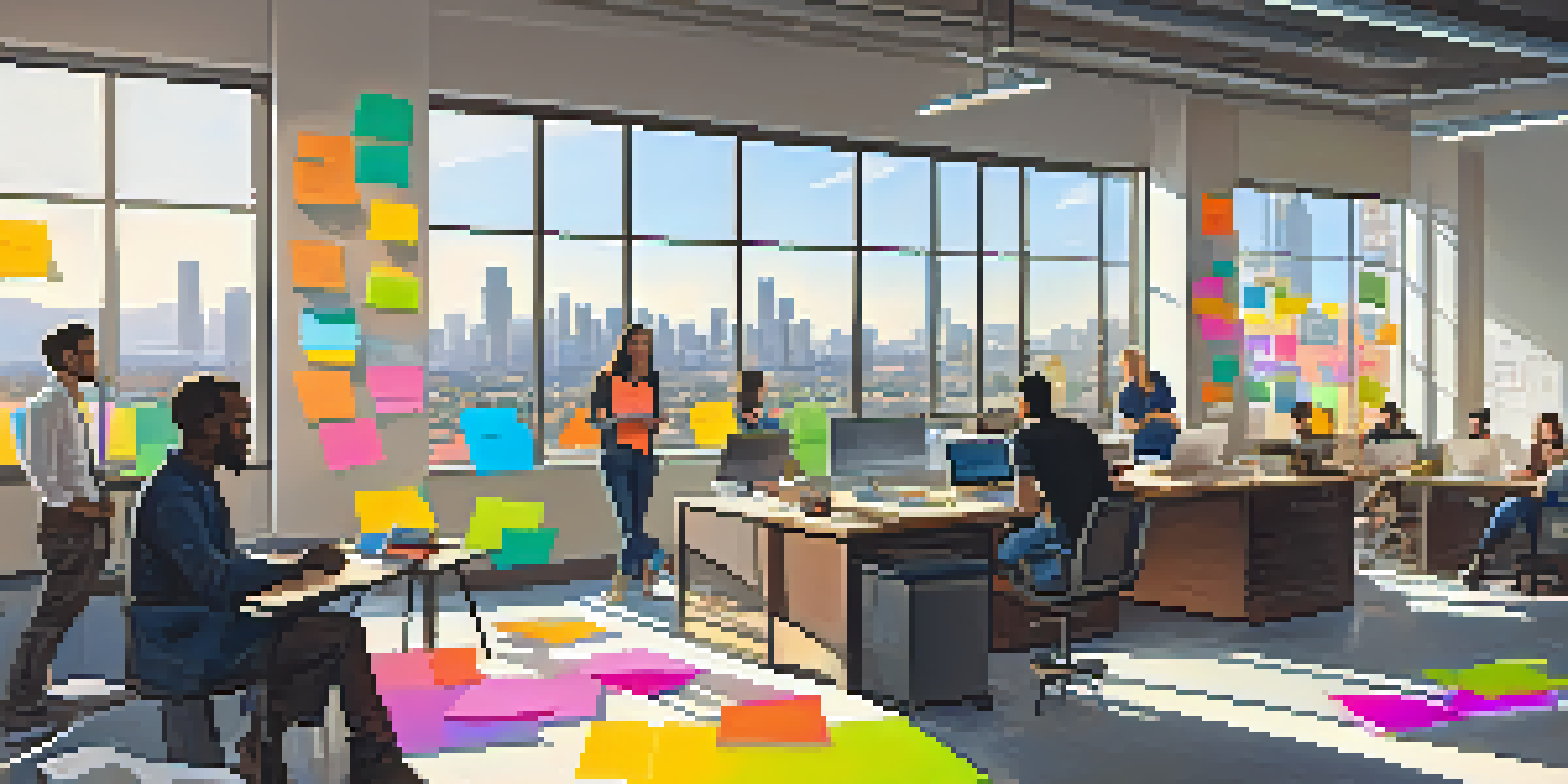 A diverse group of young entrepreneurs in a California startup office, brainstorming around a table filled with laptops and colorful post-it notes, with a sunny skyline visible through the window.