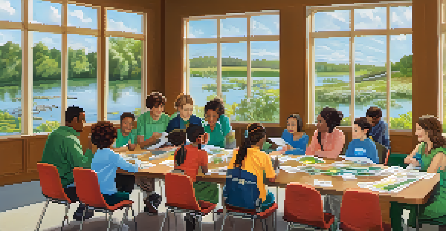 A community workshop about invasive species management with families gathered around.