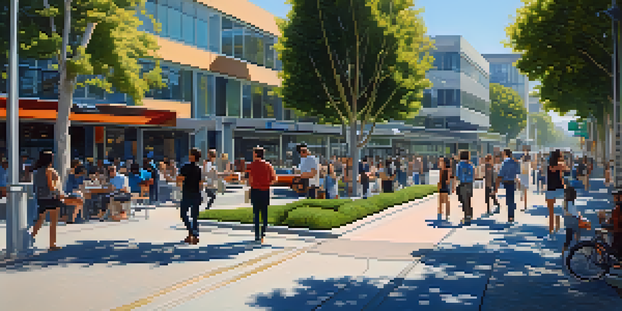 A vibrant street scene in Silicon Valley with diverse people and modern buildings under a sunny sky.