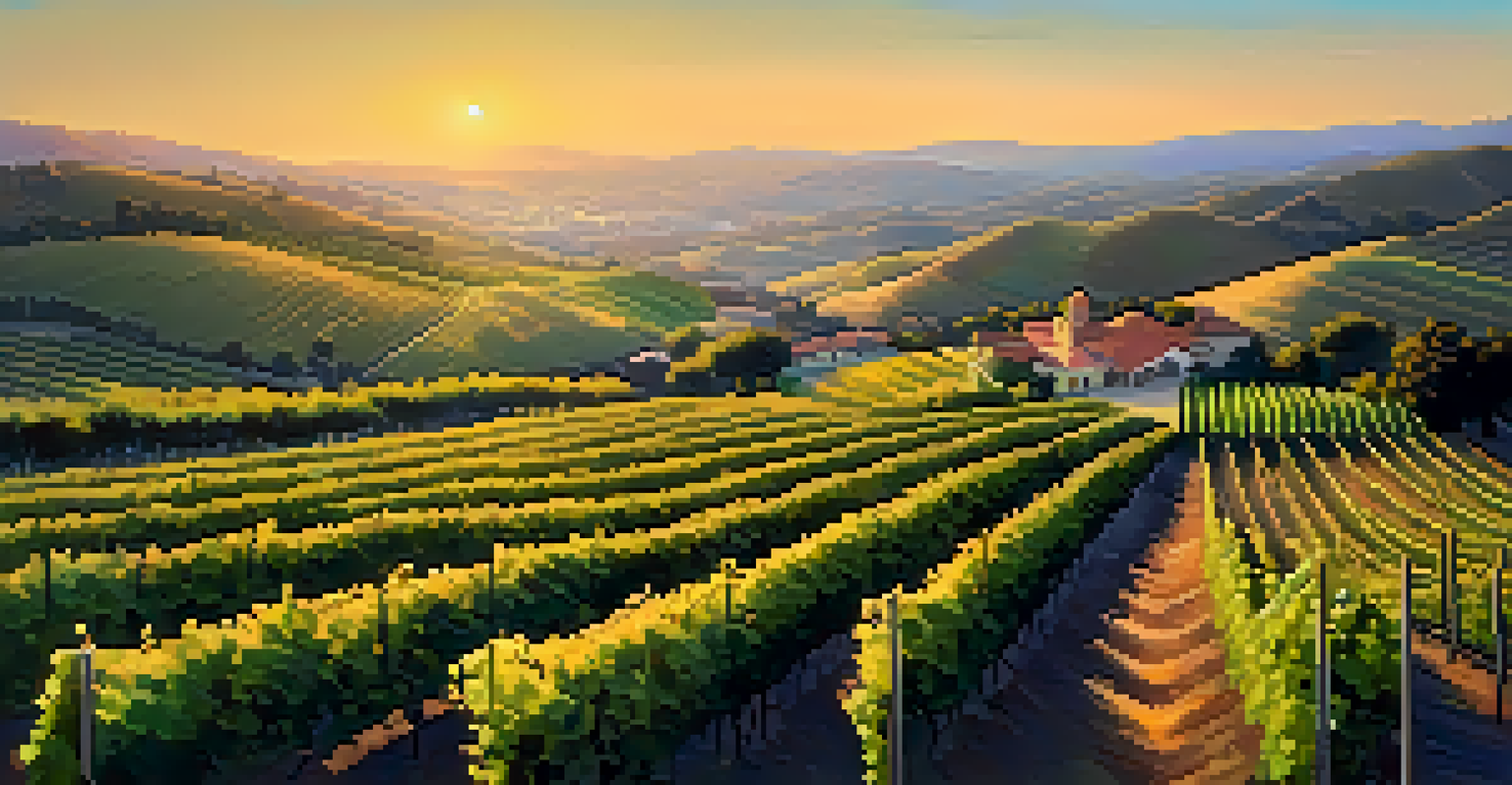 Aerial view of California vineyards at sunset, showcasing rows of grapevines with warm golden sunlight illuminating the landscape.