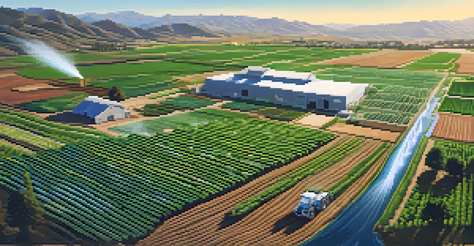 Aerial view of a modern farm using drip irrigation and soil moisture sensors in California.