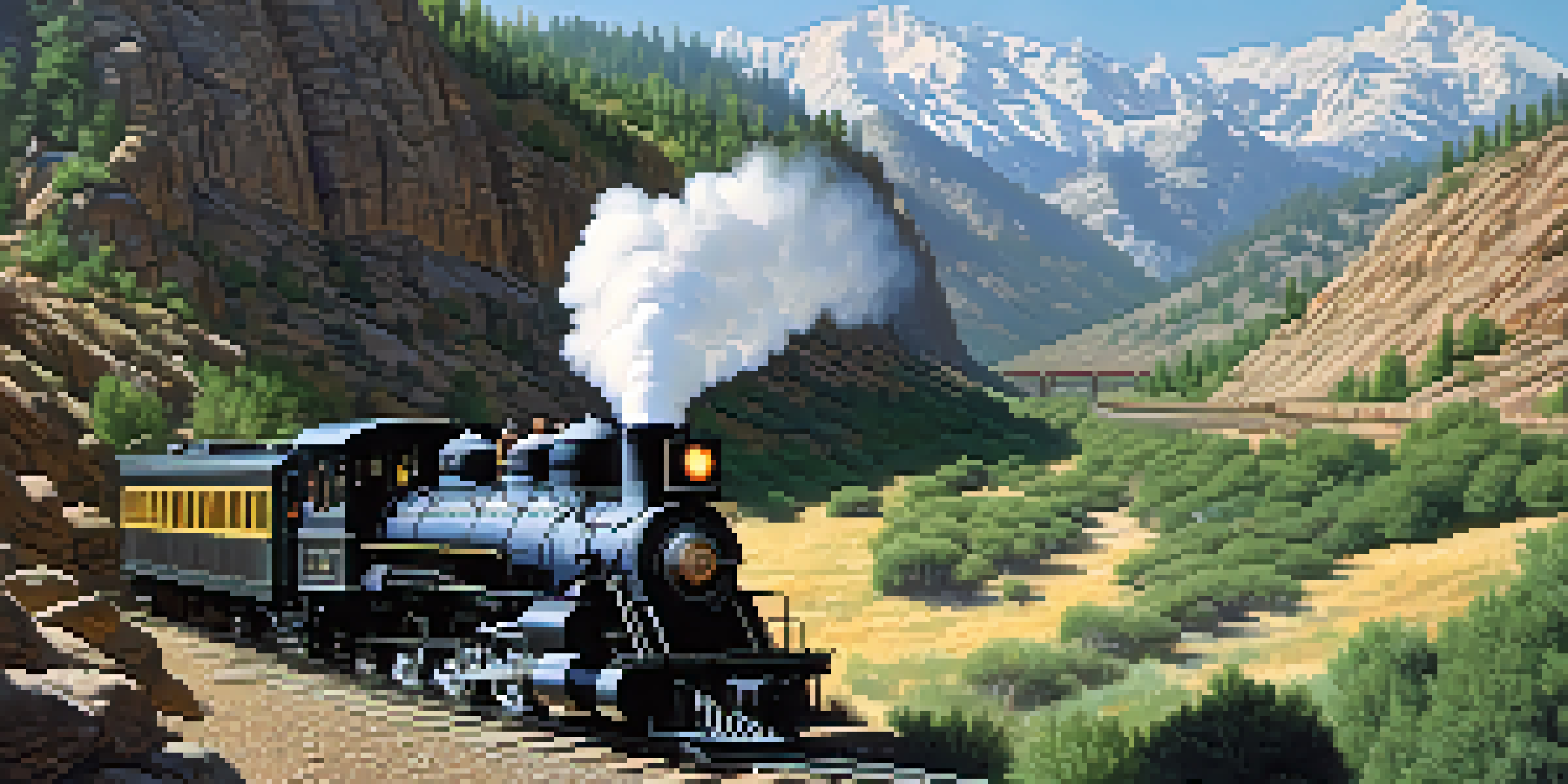 A steam locomotive traveling through the Sierra Nevada mountains with lush greenery and a clear blue sky.