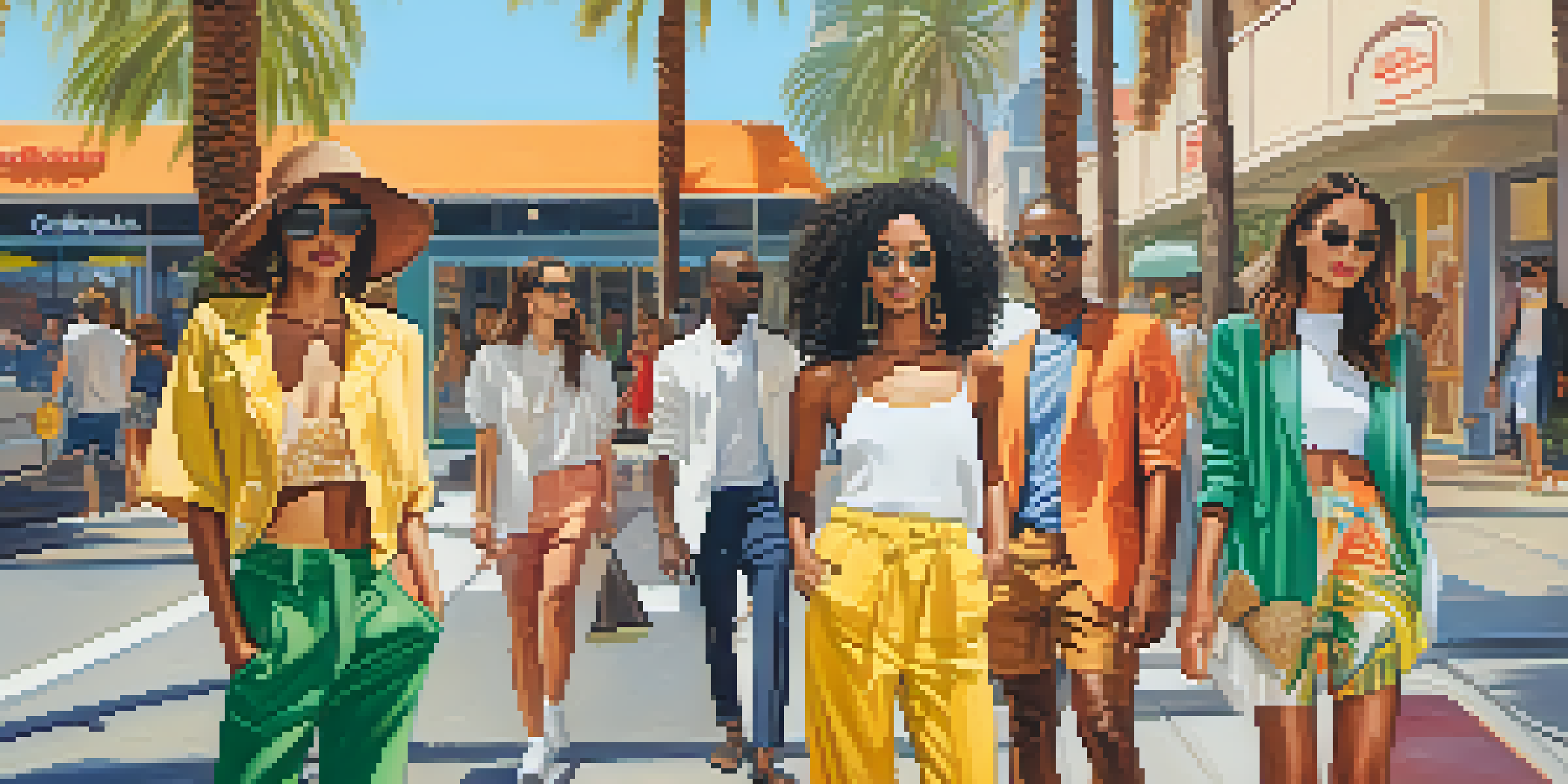 A lively street scene in Los Angeles with diverse models in eco-friendly clothing, surrounded by trendy boutiques and palm trees.