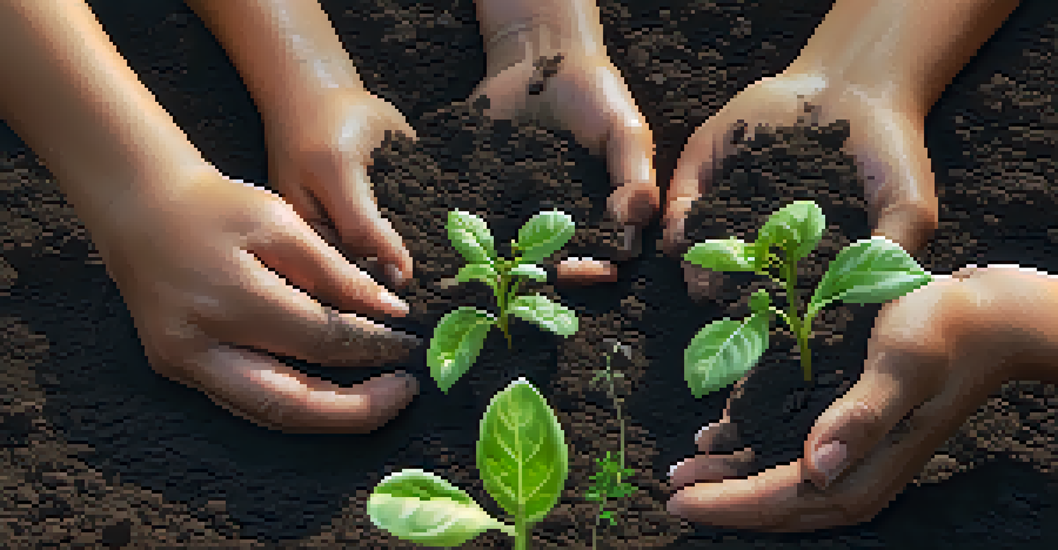 Close-up of hands planting seeds in soil, with green sprouts visible around them in a community garden.