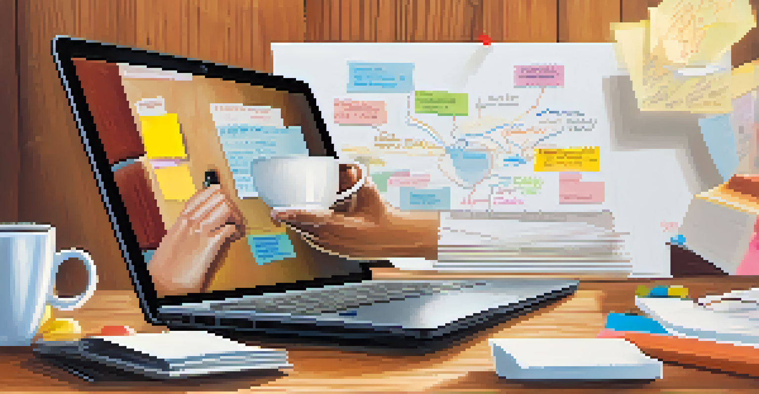 A close-up of hands typing on a laptop next to a coffee cup, with a brainstorming session in the background.