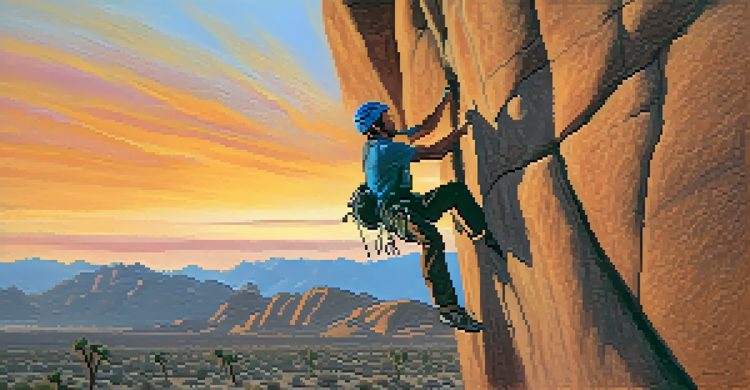 A climber silhouetted against a colorful sunset while scaling a sandstone cliff in Joshua Tree, capturing the action and beauty of the moment.