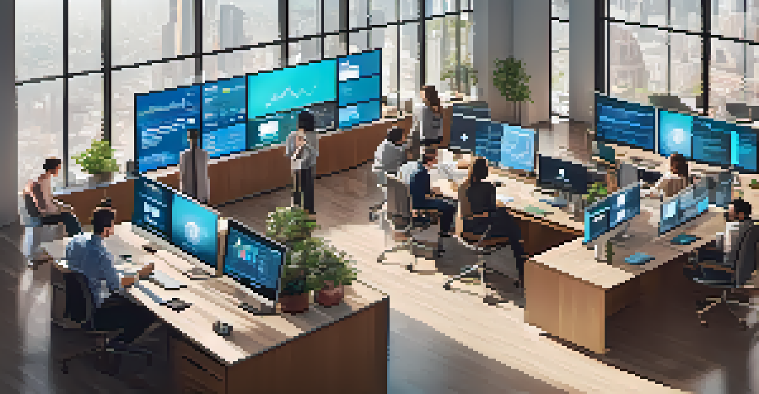 An aerial view of a modern workspace with tech professionals collaborating on fintech projects and large screens displaying data.