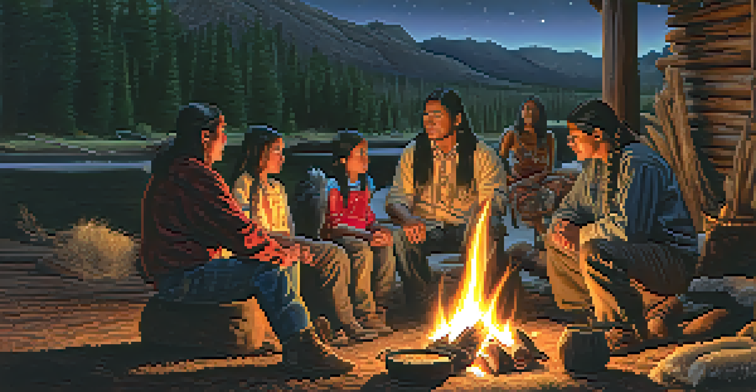 A Native American family sharing stories around a fire under a starry night sky, emphasizing tradition and togetherness.