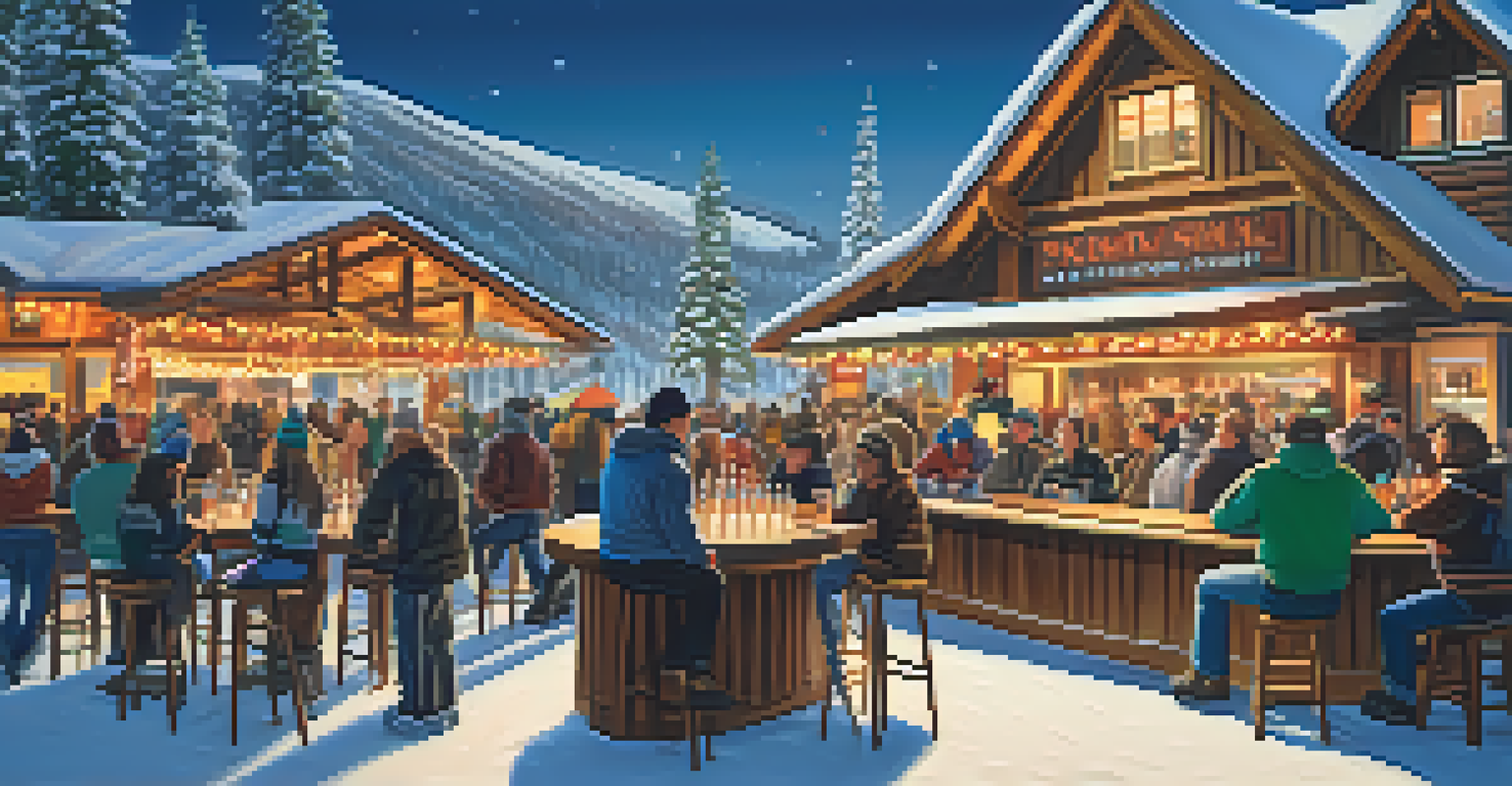 A lively après-ski scene at a California ski resort with an outdoor bar. Patrons enjoy craft beers and meals with snowy slopes in the background.