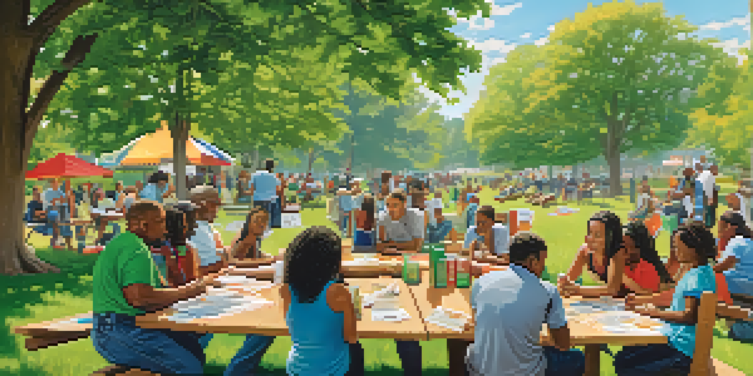A diverse group of people in a park engaged in a community workshop about tobacco control, surrounded by trees and educational materials.