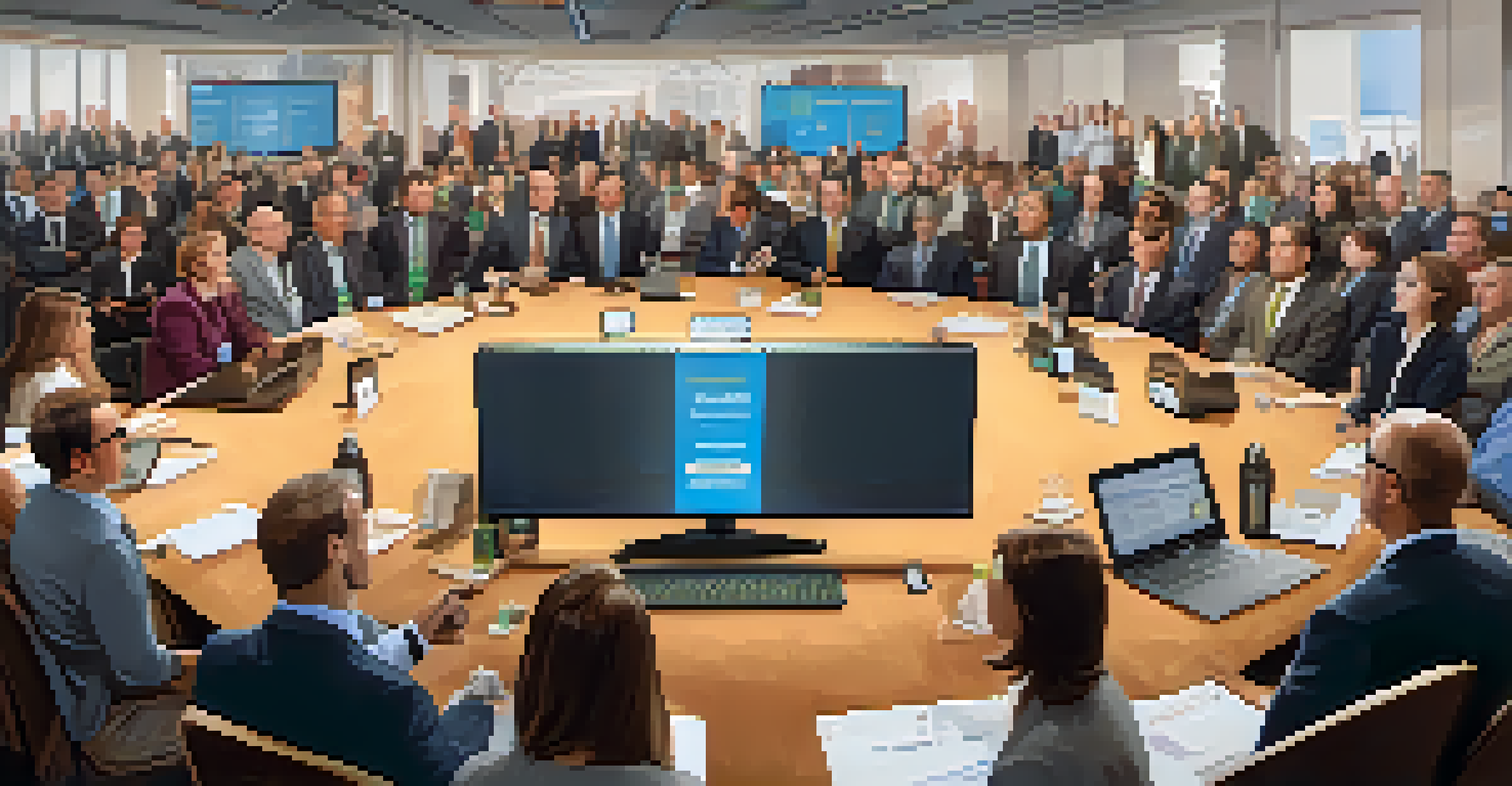 A close-up view of a cap-and-trade auction with business representatives discussing and digital screens showing carbon prices.