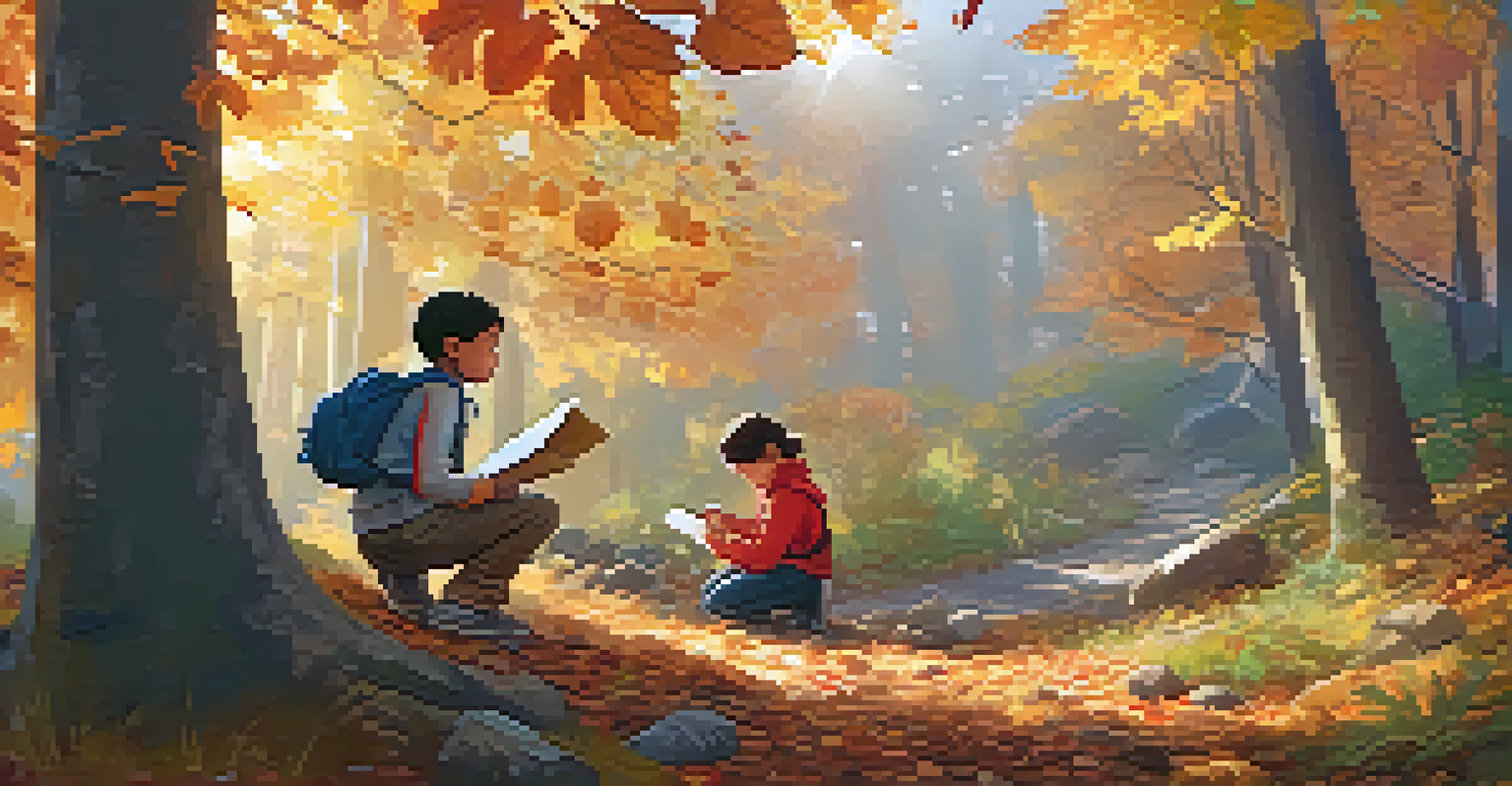Children engaged in a nature scavenger hunt in a colorful forest during autumn.