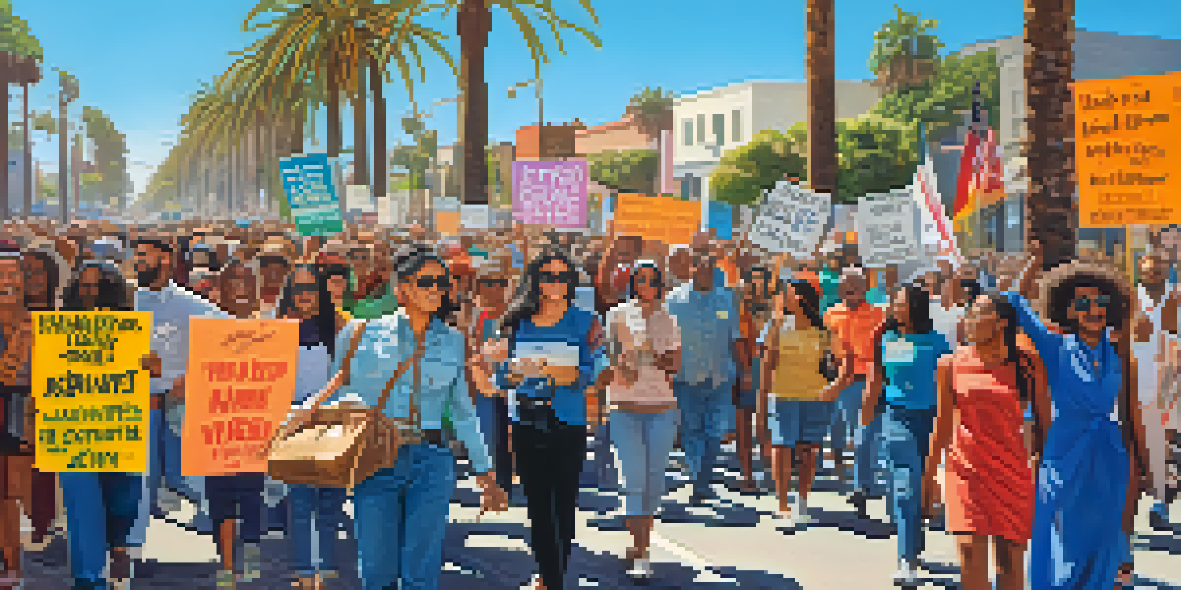 A lively rally in California with diverse activists holding signs for social justice and climate action, under a bright blue sky.
