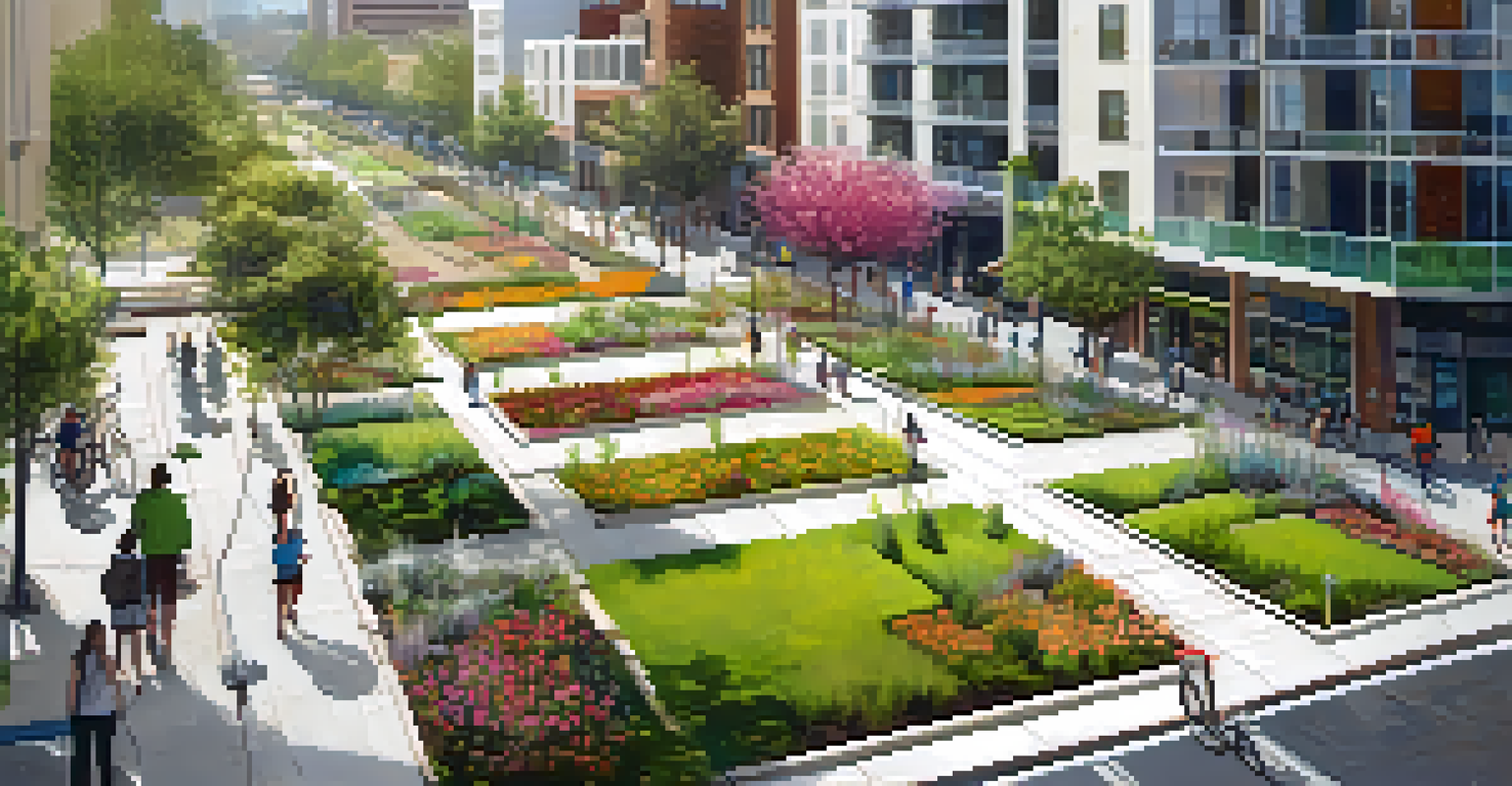 An aerial view of a California urban area featuring green infrastructure like permeable pavements and rain gardens, with people walking and cycling.