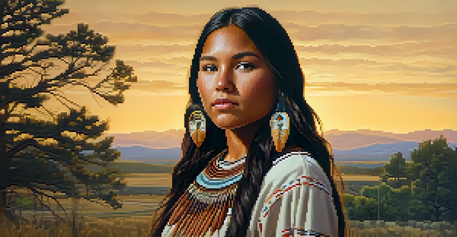 A young Native American woman posing confidently with traditional artifacts against a natural landscape during golden hour, symbolizing heritage and future.