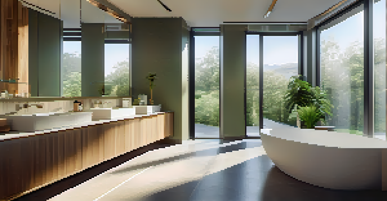 A modern bathroom in a green building with low-flow fixtures, illuminated by natural light, showcasing eco-friendly design.