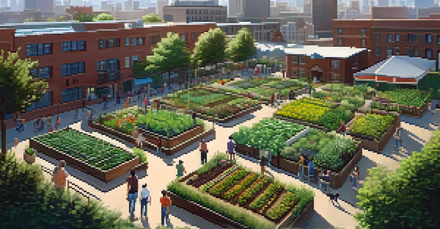 An aerial view of a community garden set against a backdrop of urban buildings, showing various gardening activities.
