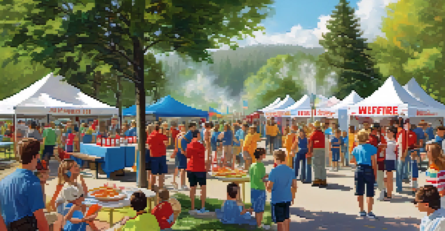A lively outdoor community event where families learn about wildfire preparedness through interactive booths and games.