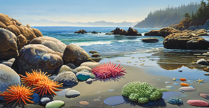 A rocky coastline in California with tidal pools featuring starfish and anemones, illuminated by warm sunlight.