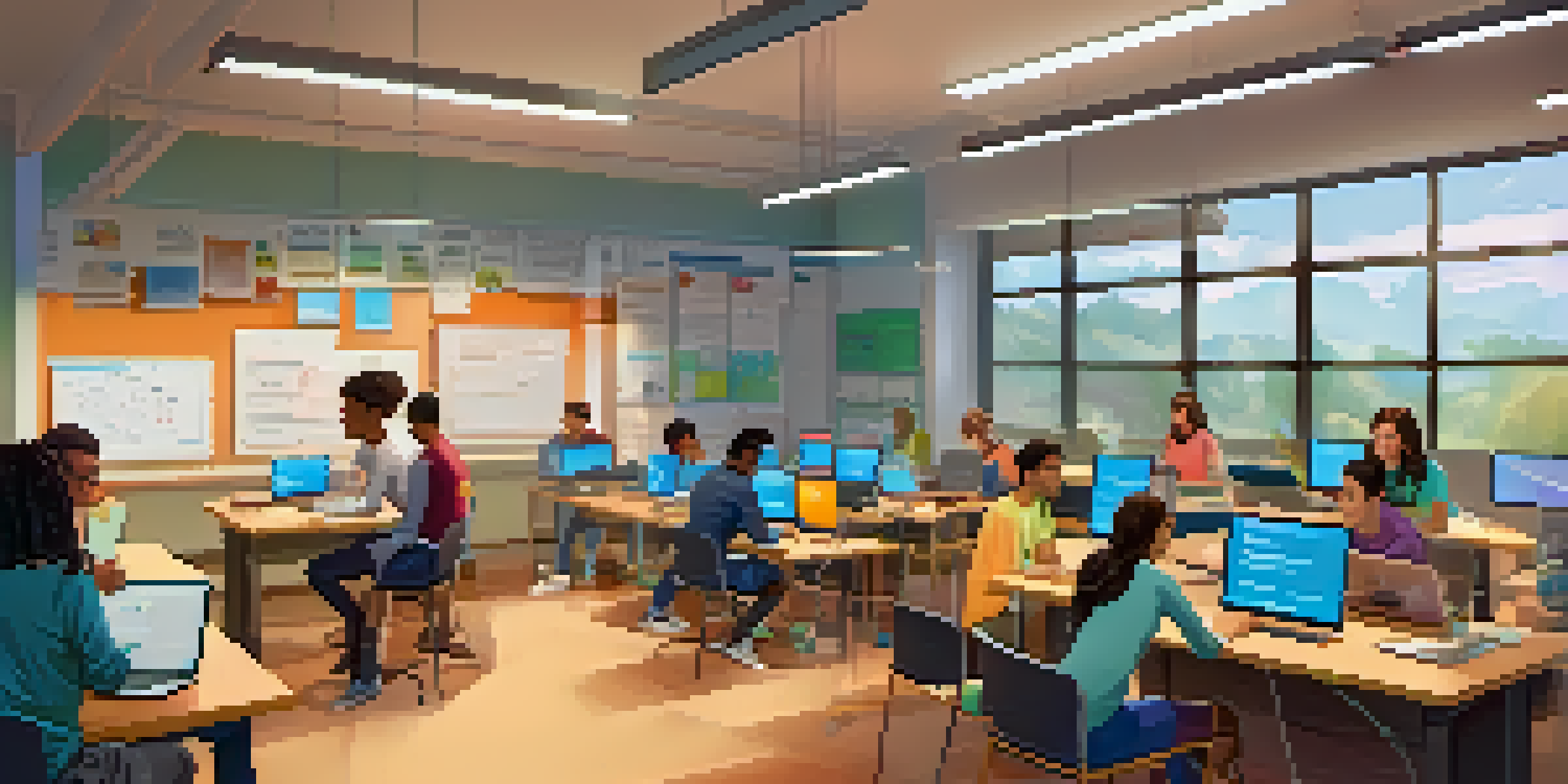 A diverse group of students participating in a coding bootcamp in a contemporary classroom filled with computers and educational posters.