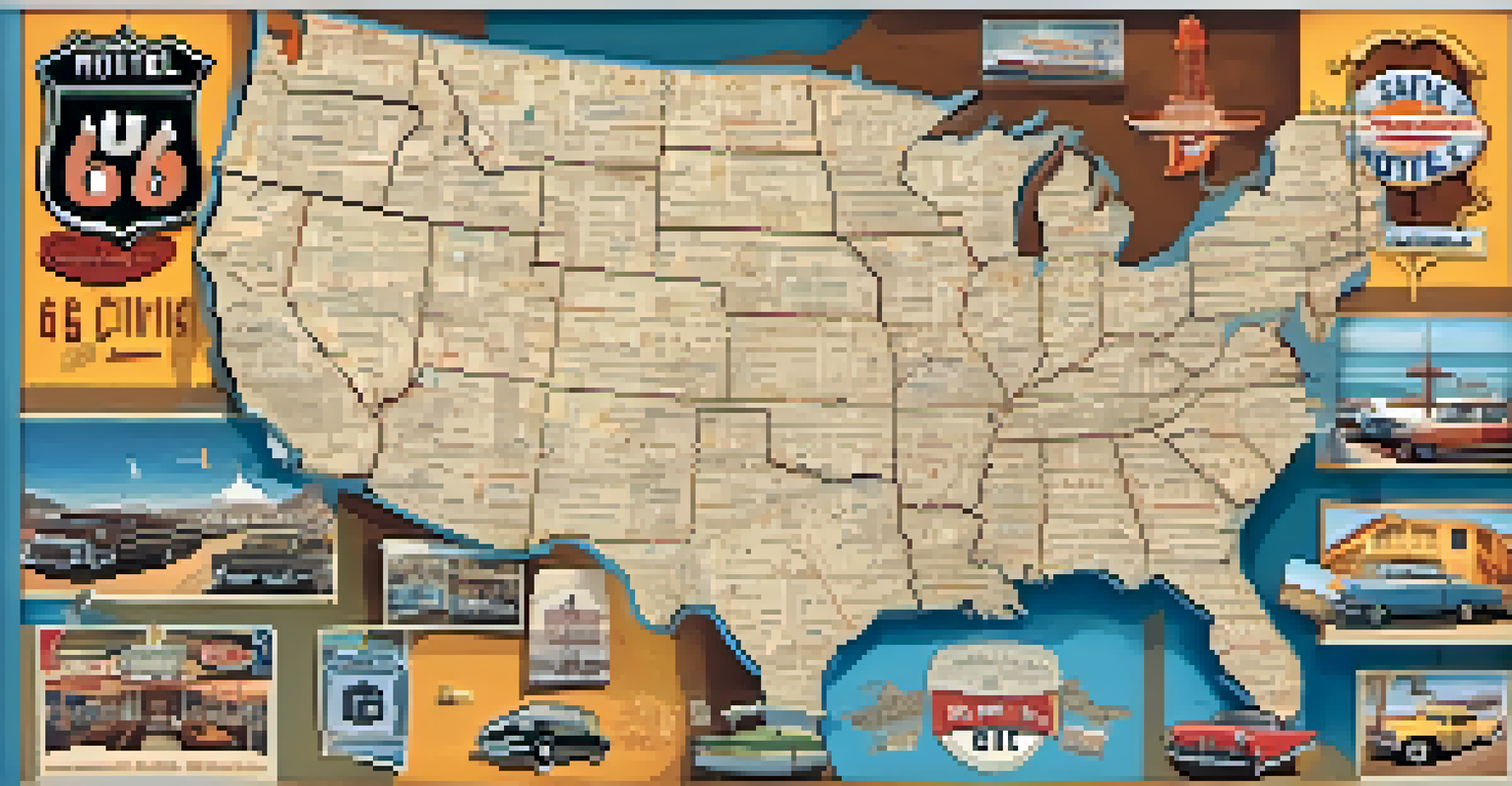 A historical map of Route 66 with photographs of landmarks and vintage travel memorabilia.