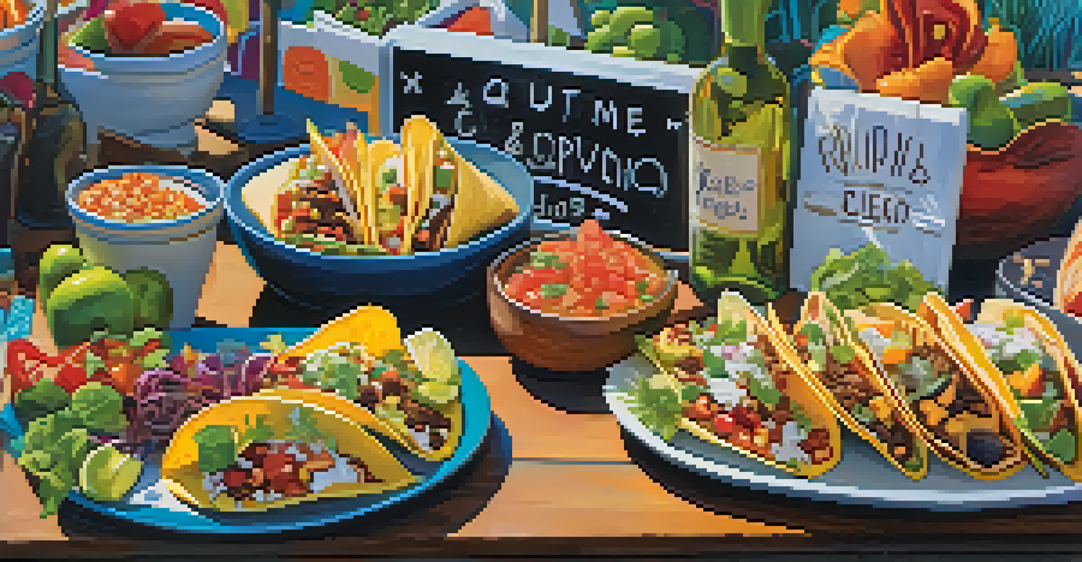 A close-up of colorful gourmet tacos and fresh ingredients on a platter at a food festival, with a small sign indicating the local chef.