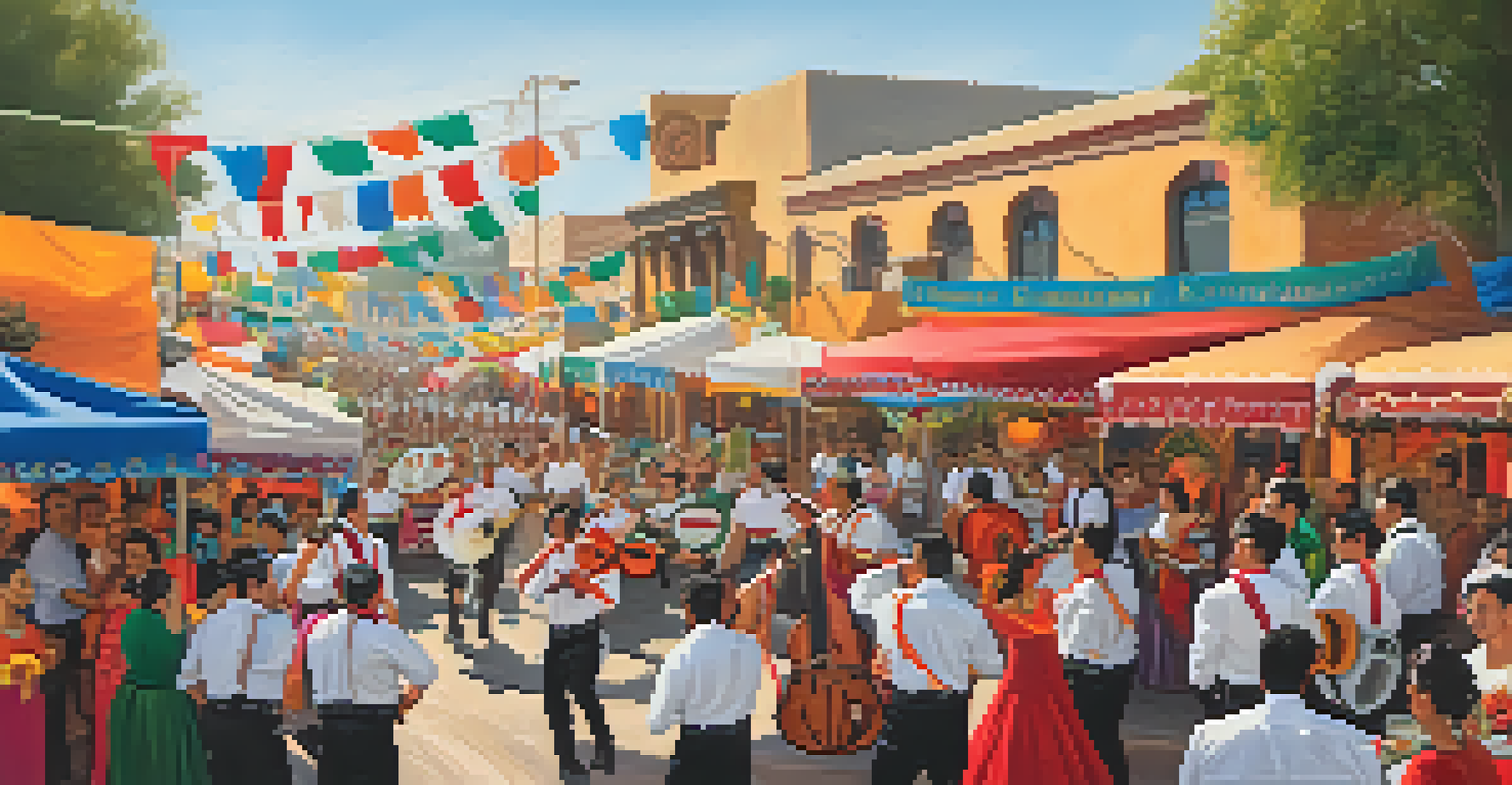 A bustling festival scene with mariachi musicians and dancers in traditional costumes, surrounded by an excited crowd.