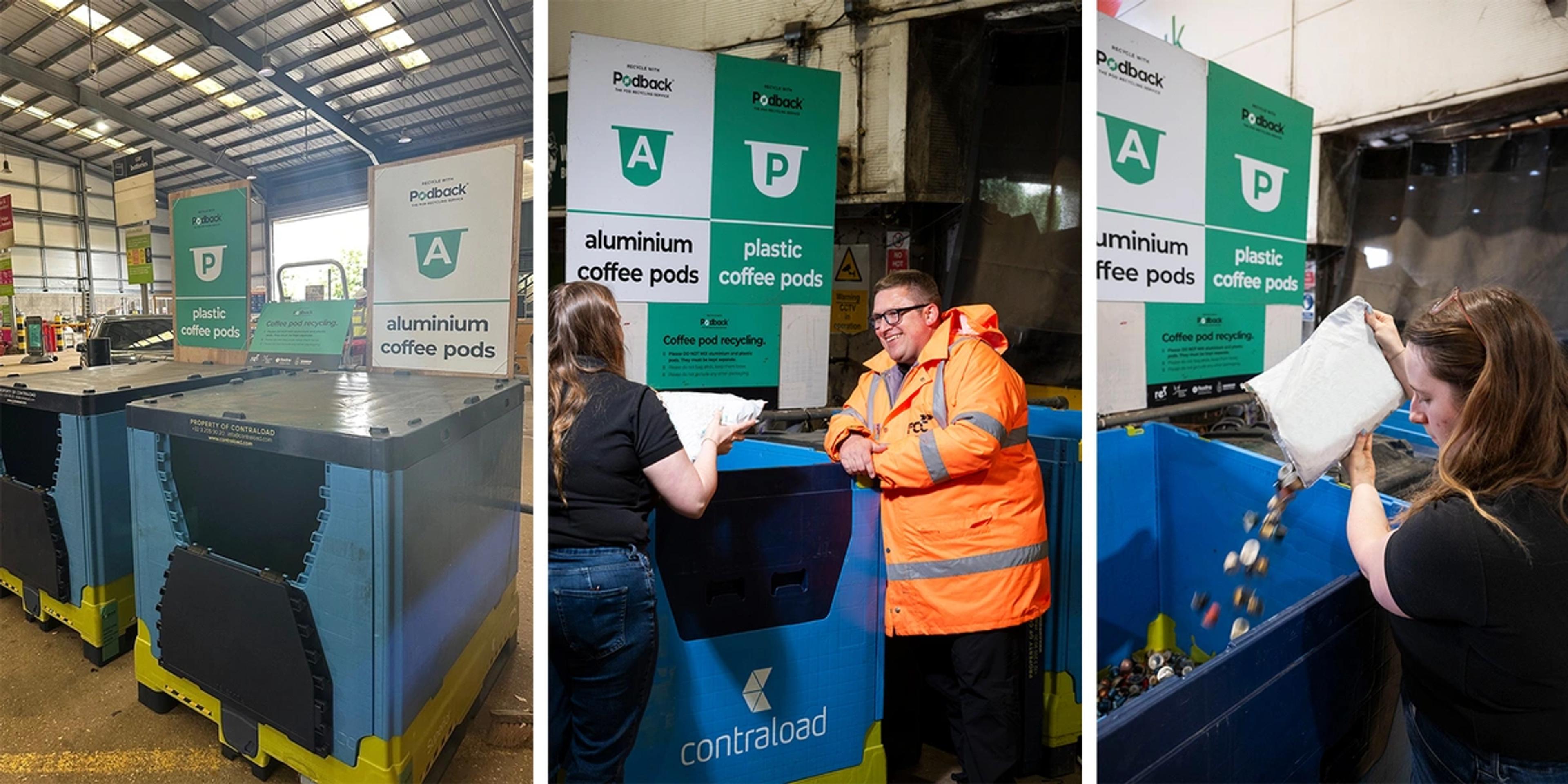 Three photos from a household waste recycling centre: Podback containers for aluminium and plastic coffee pods, a resident talking to a site worker in hi-vis, and the resident emptying a bag of pods into a container.