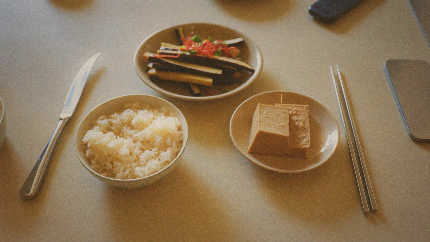 A simple meal of aubergine, rice and tofu at home