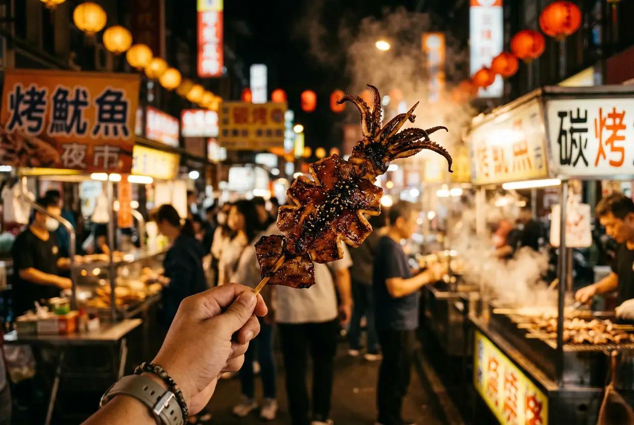 Grilled squid on skewers at a Taipei night market stall