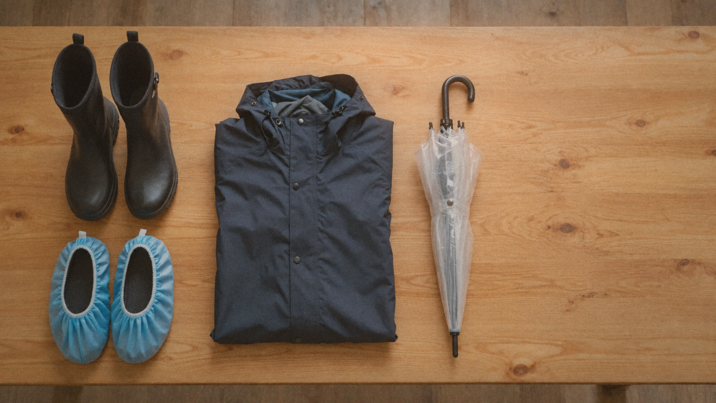 Flat lay of typhoon season rain gear on a wooden table
