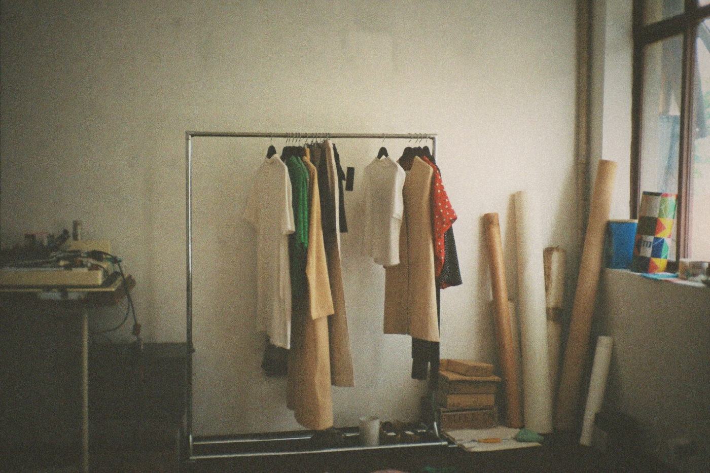 Technical fabric swatches on a workbench in a Taiwanese textile studio