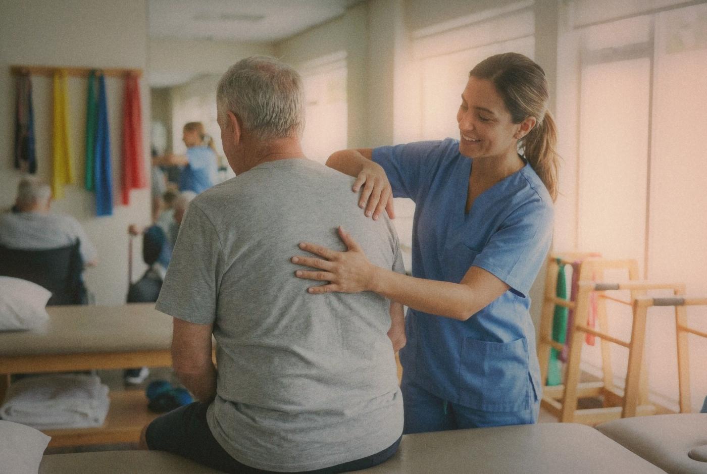 Physical therapist checking patient alignment and posture in a rehabilitation clinic
