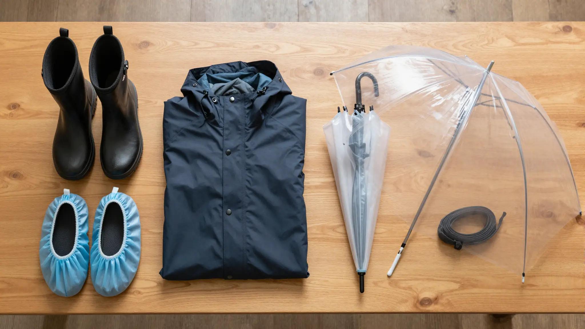 Flat lay of typhoon season rain gear on a wooden table