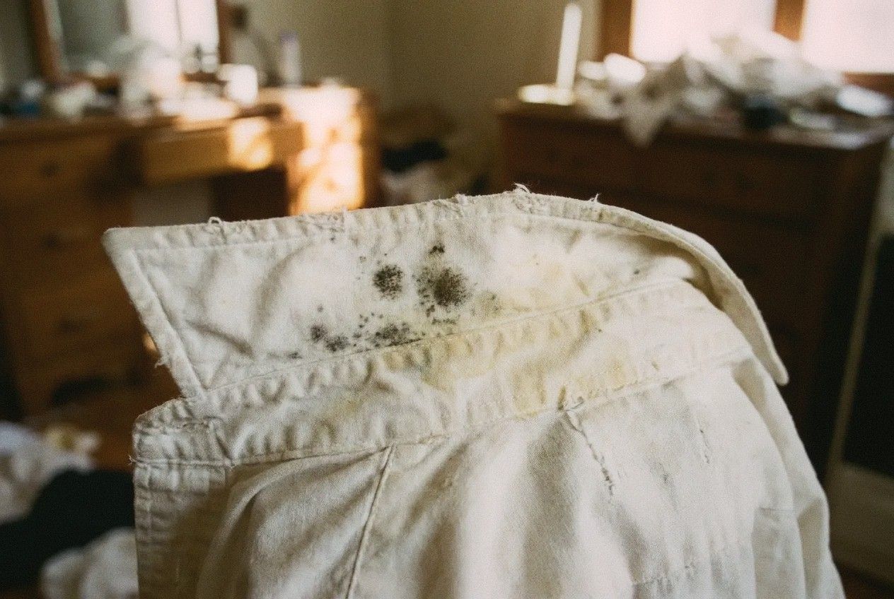 Close-up of mold spots on a vintage cotton shirt collar