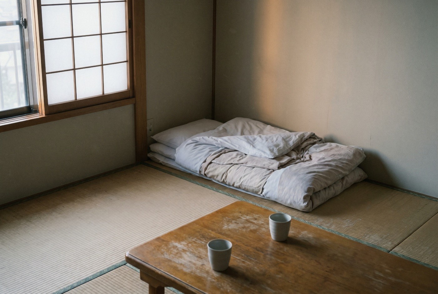 Illustration: Bedding and tea cups in a tatami room.