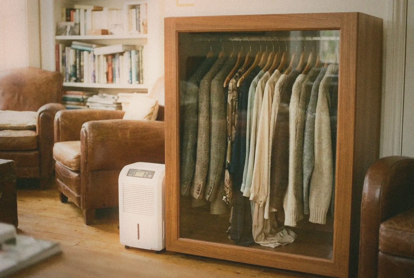 Electronic dry cabinet for clothing storage with glass door showing neatly hung vintage garments inside