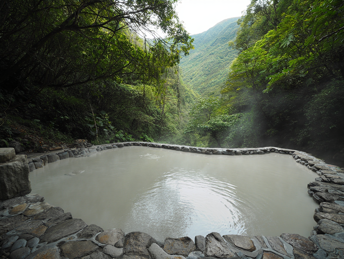 Therapeutic mud hot spring pool with steam rising against a mountainous forest backdrop in Guanziling, Tainan, Taiwan