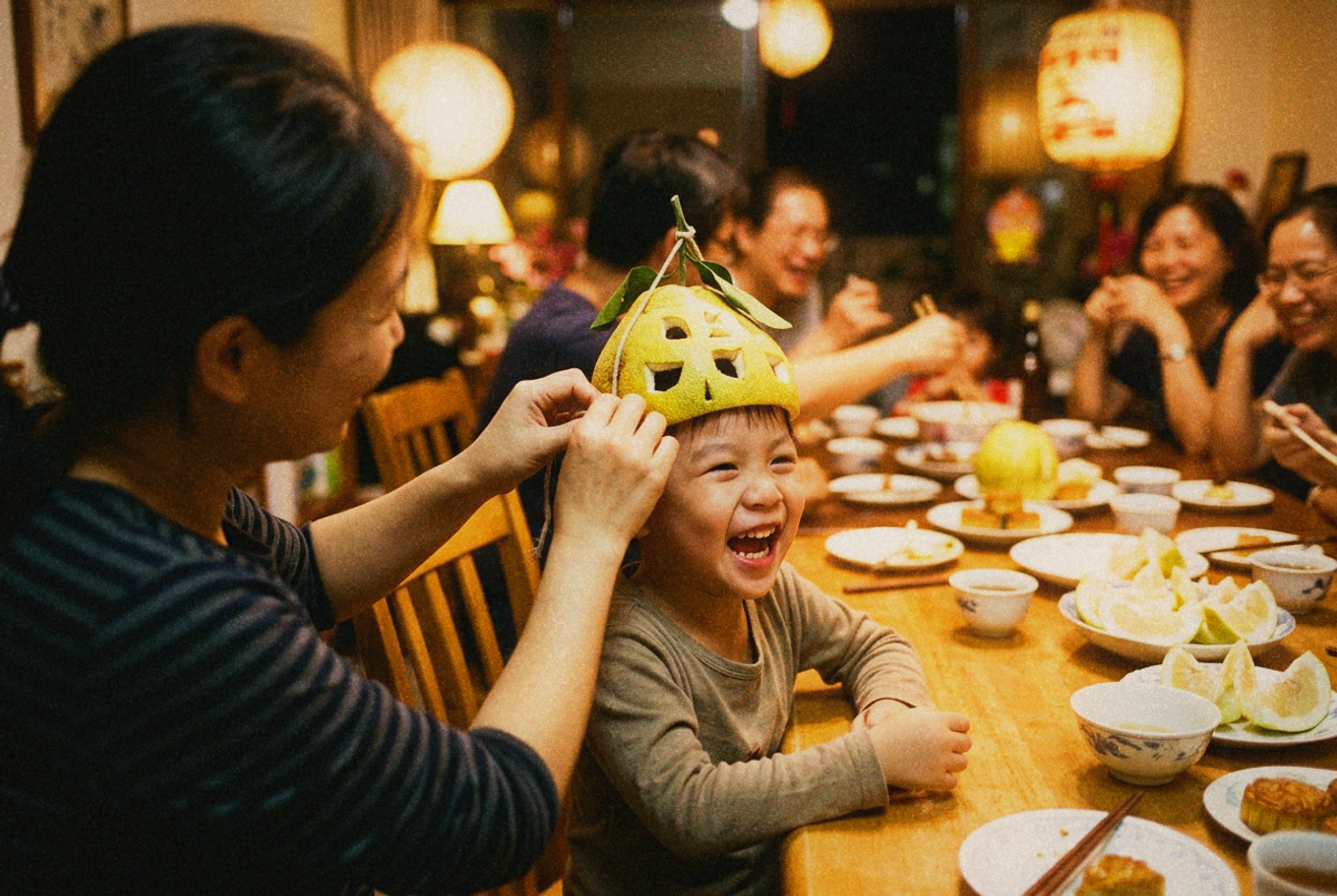 A laughing child wearing a carved pomelo rind as a hat while an adult adjusts it, family behind
