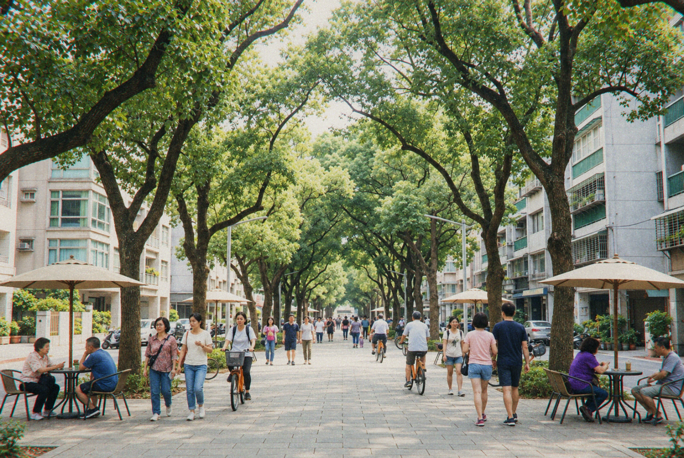People walking and cycling along a tree-lined city promenade.