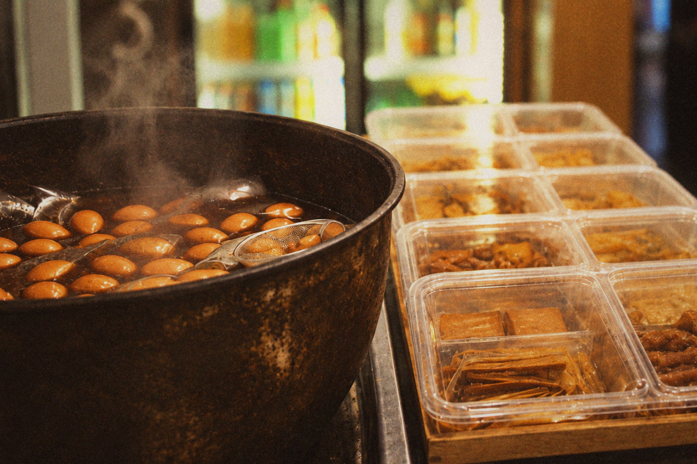 Tea eggs simmering beside prepared meals at a convenience store counter