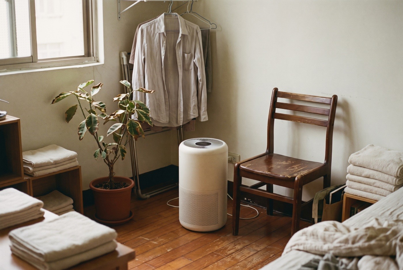 Illustration: An air purifier beside a chair and drying clothes