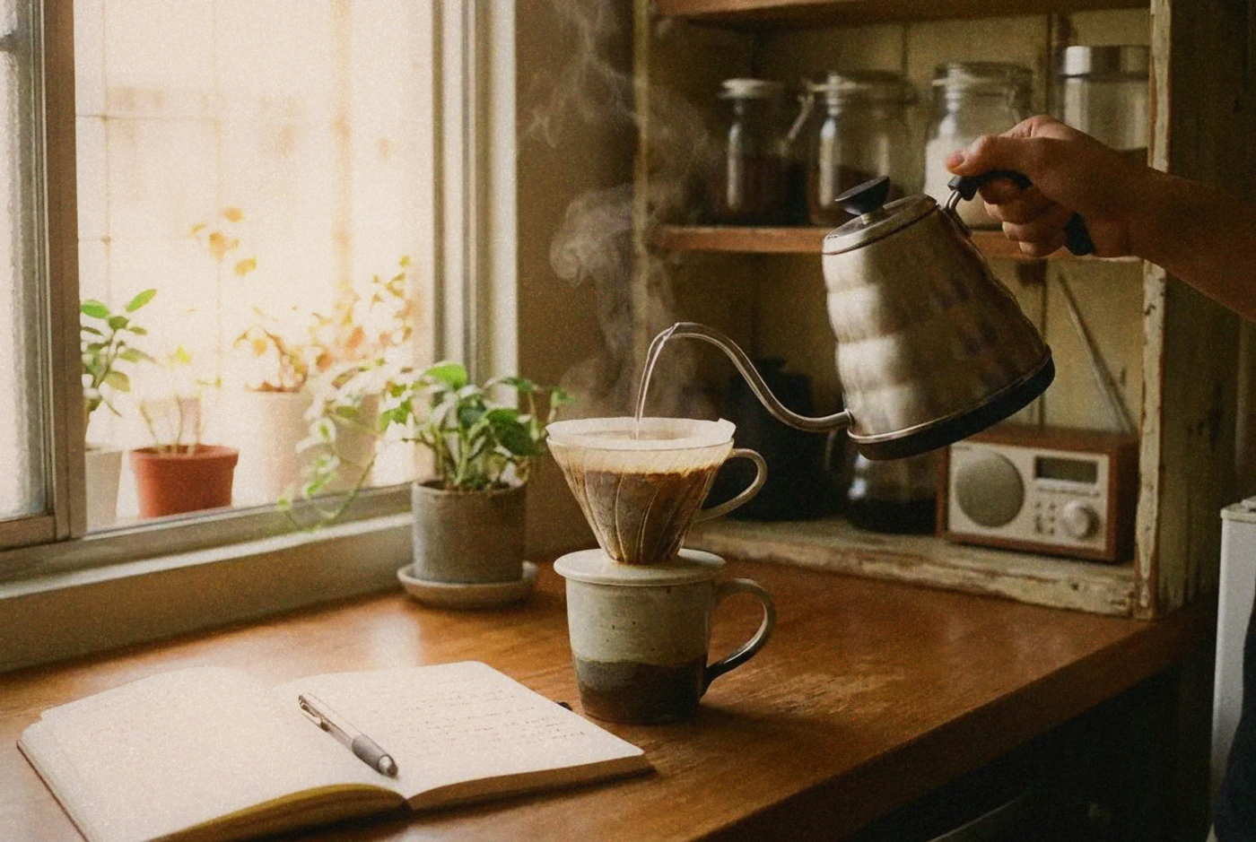 Pour-over coffee setup on kitchen counter in morning light