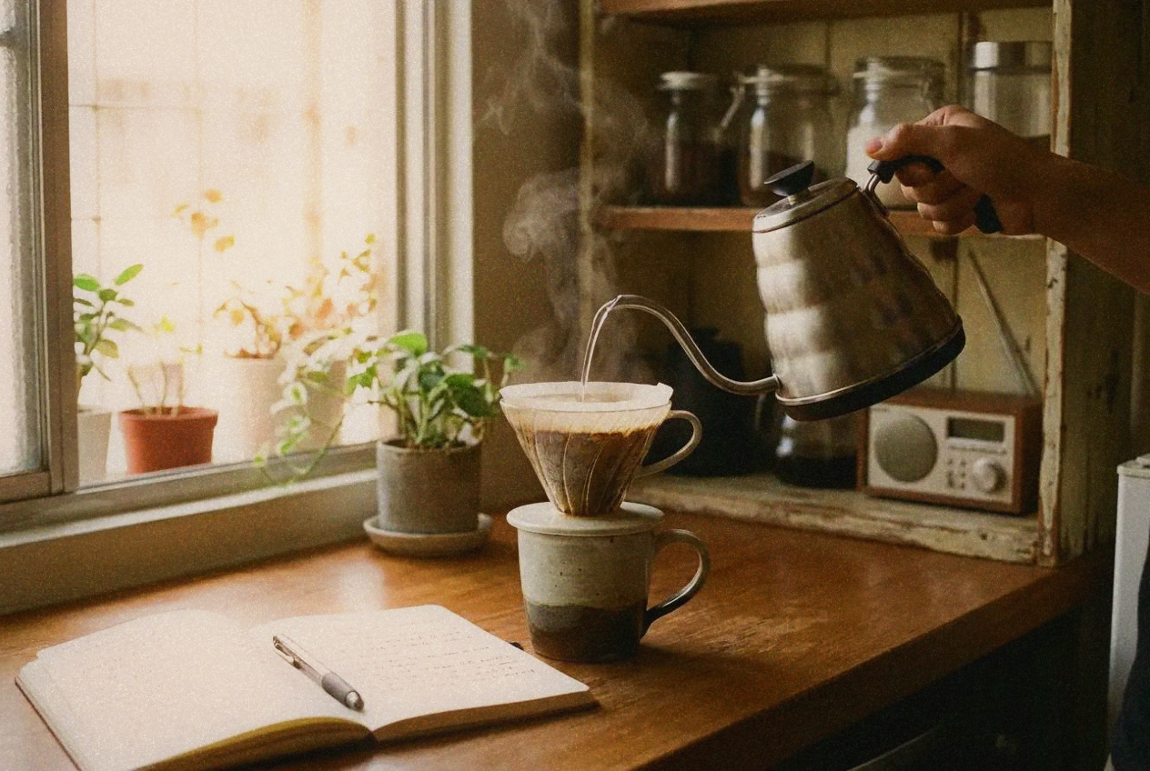 Pour-over coffee setup on kitchen counter in morning light